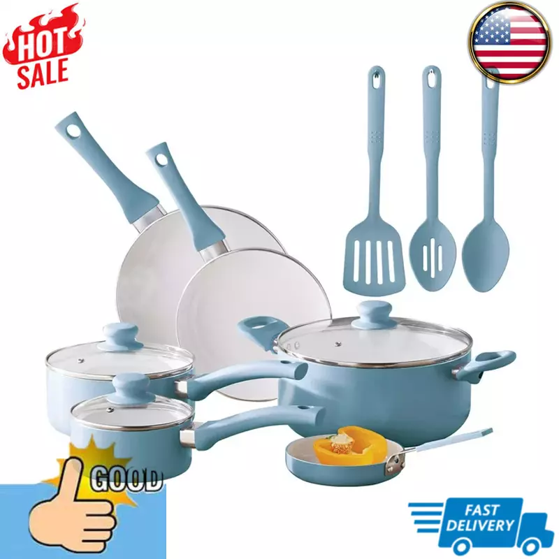 Mainstays Ceramic Nonstick Aluminum 12 Pieces Cookware SET Blue linen