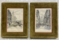 Pair Of Art Deco Hans Figura Auquatint Etchings Of Paris Original Velvet Frames