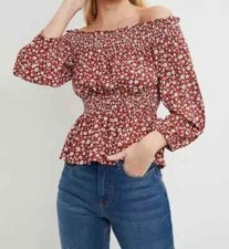 EX DOROTHY PERKINS RED TINY DITSY LONG SLEEVE BARDOT TOP NEW (ref 356) SALE