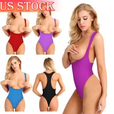 Women Sleeveless Open Cup High Cut Thong Leotard Bodysuit Monokini Swimsuit
