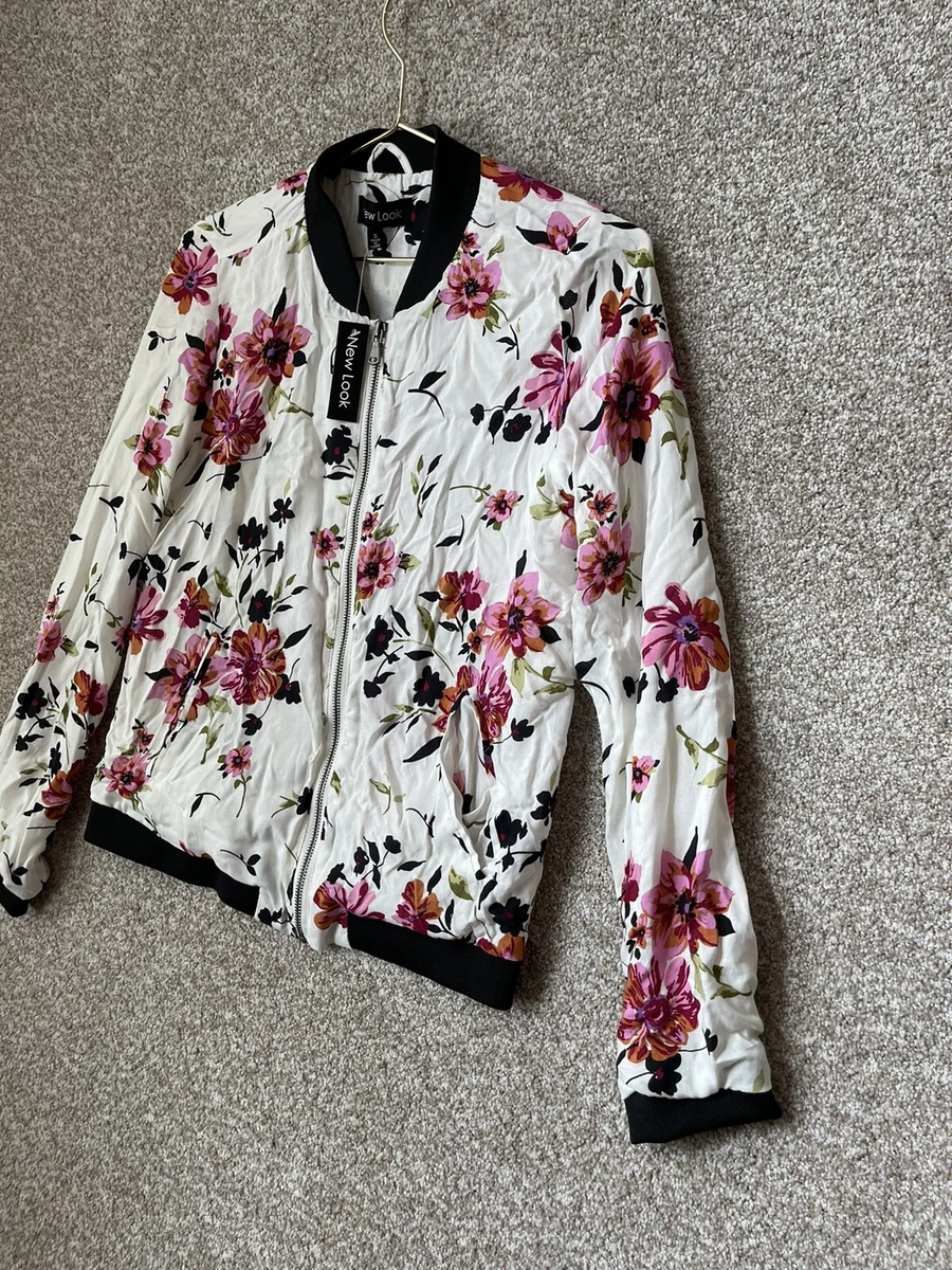 New Look Women's Black u0026 White Floral Full Zip Bomber Jacket Size Small |  eBay