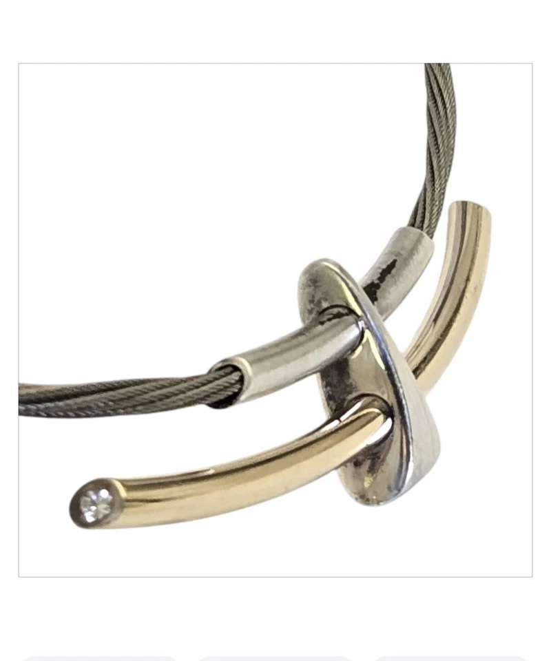 Excelente collar de barra deslizable modernista raro de plata de ley de oro de 14 quilates Foto 2 de 4