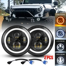 Pair 7" Inch Round LED Headlights Halo Angle Eyes For Jeep Wrangler JK LJ TJ CJ