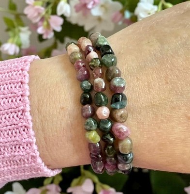 Wassermelone Turmalin Armband: polierte Kristallperlen, Freude & Balance - 7,5 Zoll
