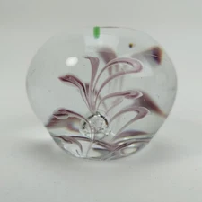 Glass Apple Paperweight Purple White Swirl Green Tip Controlled Bubble 2.25"