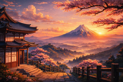 Photo Digital Japanese Mountain Sunset Wallpaper Cherry Blossom Image Wall Decor