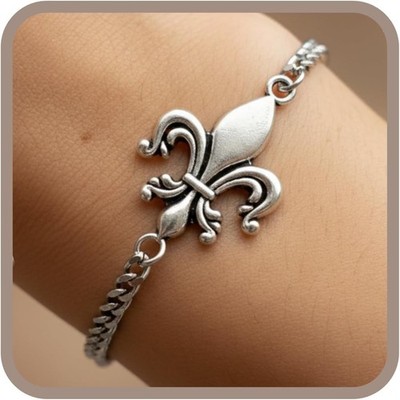 Stainless Steel Fleur de Lis Handmade Adjustable French Monarch Charm Bracelet