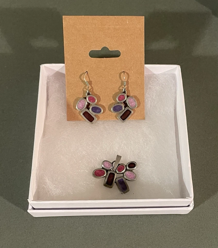 Conjunto de Joyería Danforth Peltre Pendientes Colgantes Círculos Coloridos ROSA O VERDE Foto 3 de 4