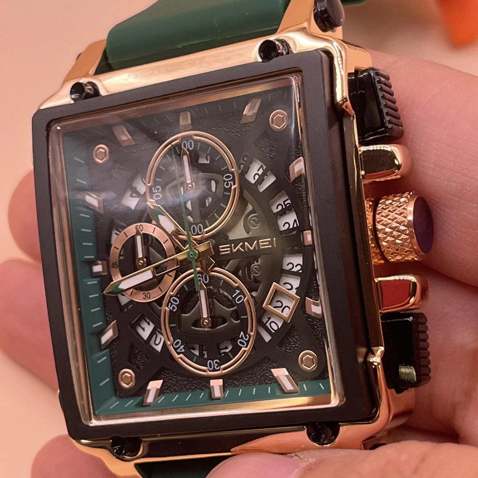 SKMEI SKM-7098 Reloj Hombre Rectangular Dorado Negro Verde Silicona Resistente al Agua Foto 4 de 4