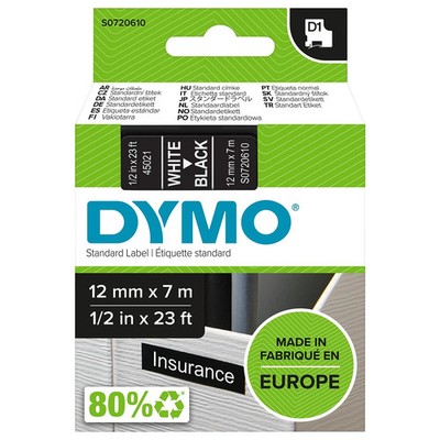 Dymo D1 Standard Self Adhesive Labels 1/2'' x 23' White on Black for LabelManager