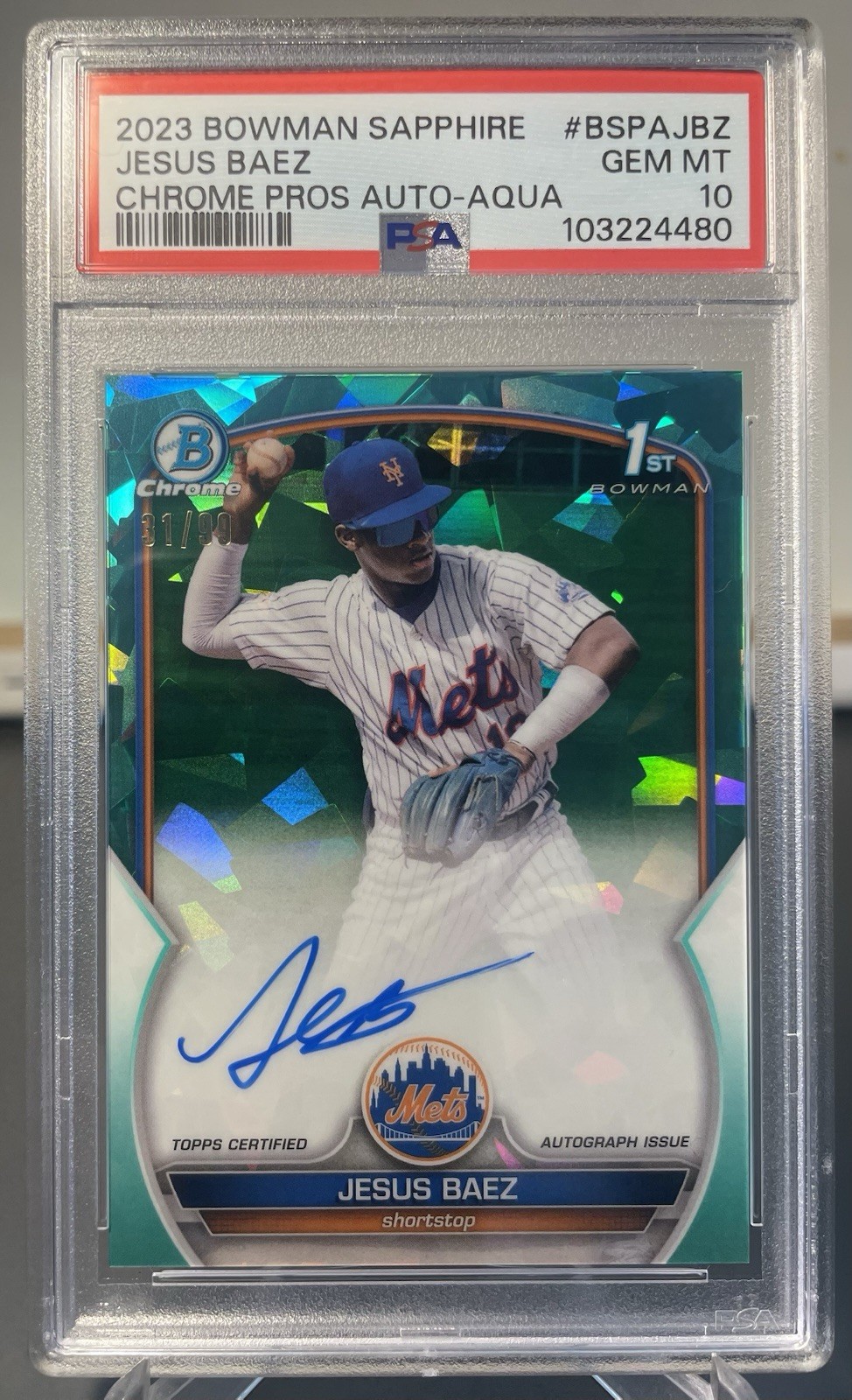 2023 Bowman Sapphire Jesus Baez #BSPA-JBZ Chrome Aqua /99 Auto Rookie- PSA 10