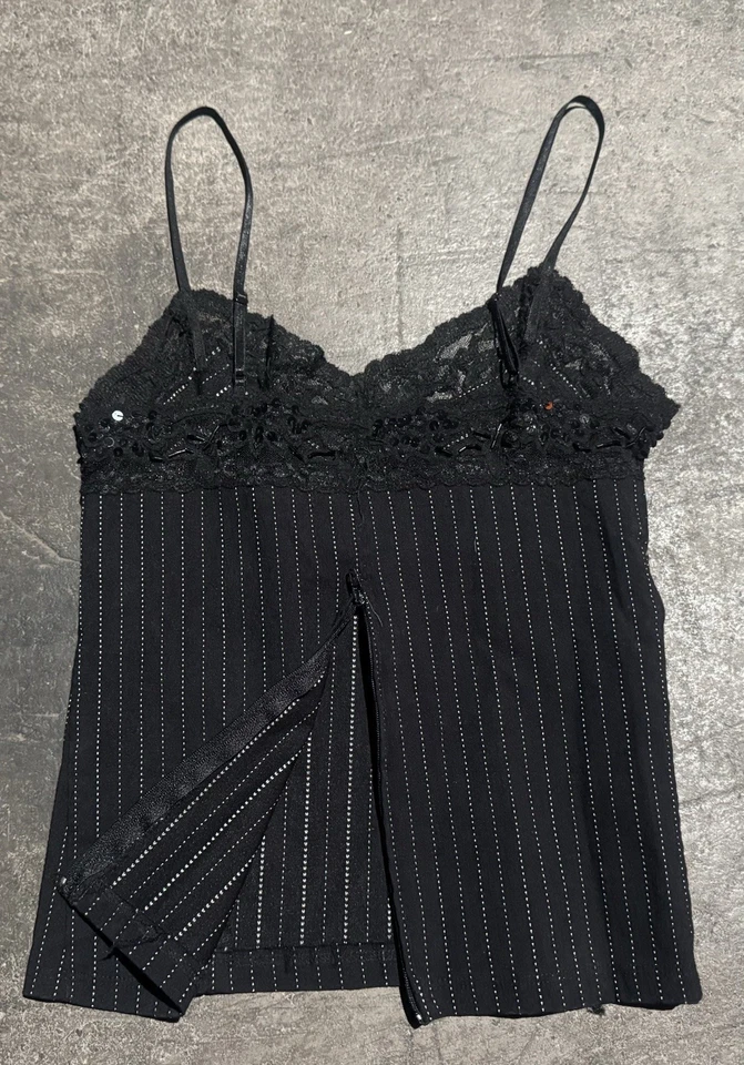 Y2K Black Sequins Lace Pin Stripe Office Siren Grunge Forever 21 Tank Top Small - Image 2 of 4