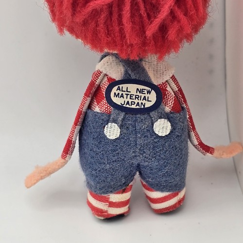 Vintage Raggedy Andy Christmas Ornament Doll Yarn Felt Overalls Gingham Japan - Picture 2 of 8