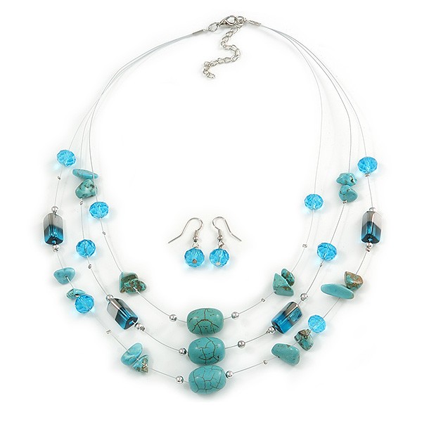 Turquoise & Crystal Floating Bead Necklace & Drop Earring Set - 52cm Length