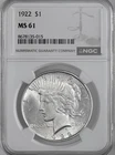 1922-P  $1 PEACE SILVER DOLLAR  "PHILADELPHIA MINT"  NGC MS61 #8678135-015