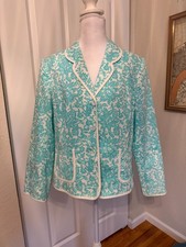 Vintage 80s O Oscar de la Renta Jacket  Aqua Cream Jacquard Blazer size 12