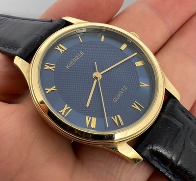 VINTAGE KIENZLE  QUARTZ MENS   WATCH GERMANY BLUE DIAL ULTRA THIN GOLD PLATED