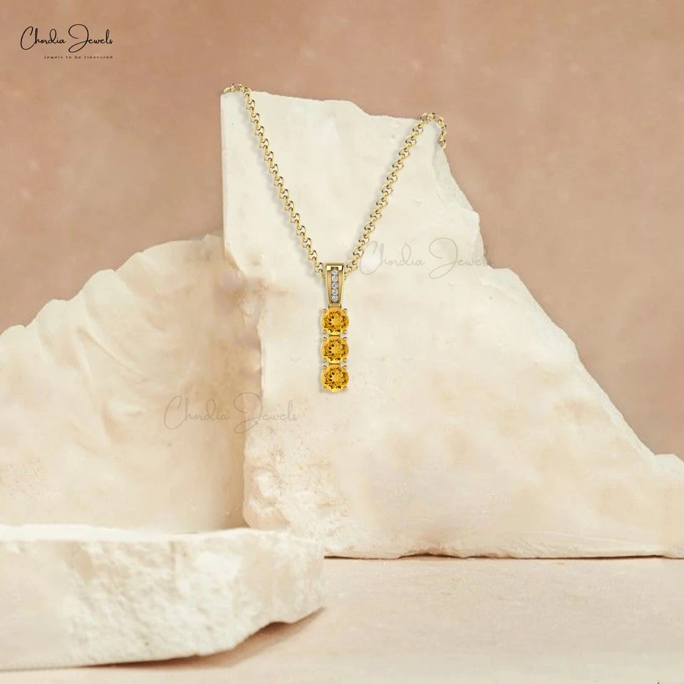 Colgante de tres piedras con citrino natural y pavé de diamantes en joyería de oro fino de 14 k Foto 4 de 4