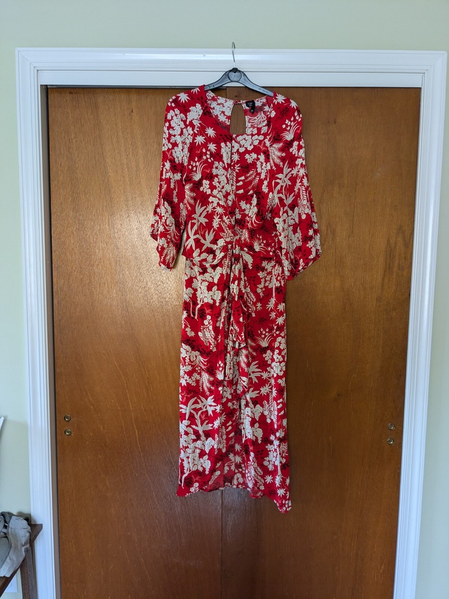 topshop red midi dress Topshop Floral Midi Dress Womens size 10 Red Shirtsleeve Wrap Style Dress Maxi