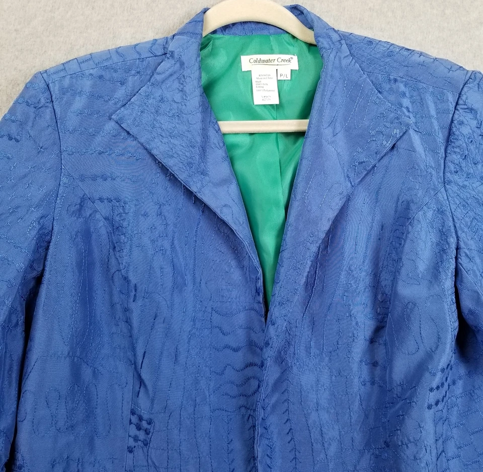 Coldwater Creek Blazer Jacket Women’s Petite Large PL Blue Silk 3/4 Sleeve Open - Image 2 of 4