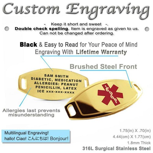 Medical Engraved ID Bracelet Stainless Steel Gold Tone Plated Hearts Chain 8.5in - Picture 4 of 5