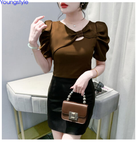 Korean Womens Puff Sleeve Beaded Summer Slim Party Cocktail Tops Blouse Shirts - Picture 7 of 20