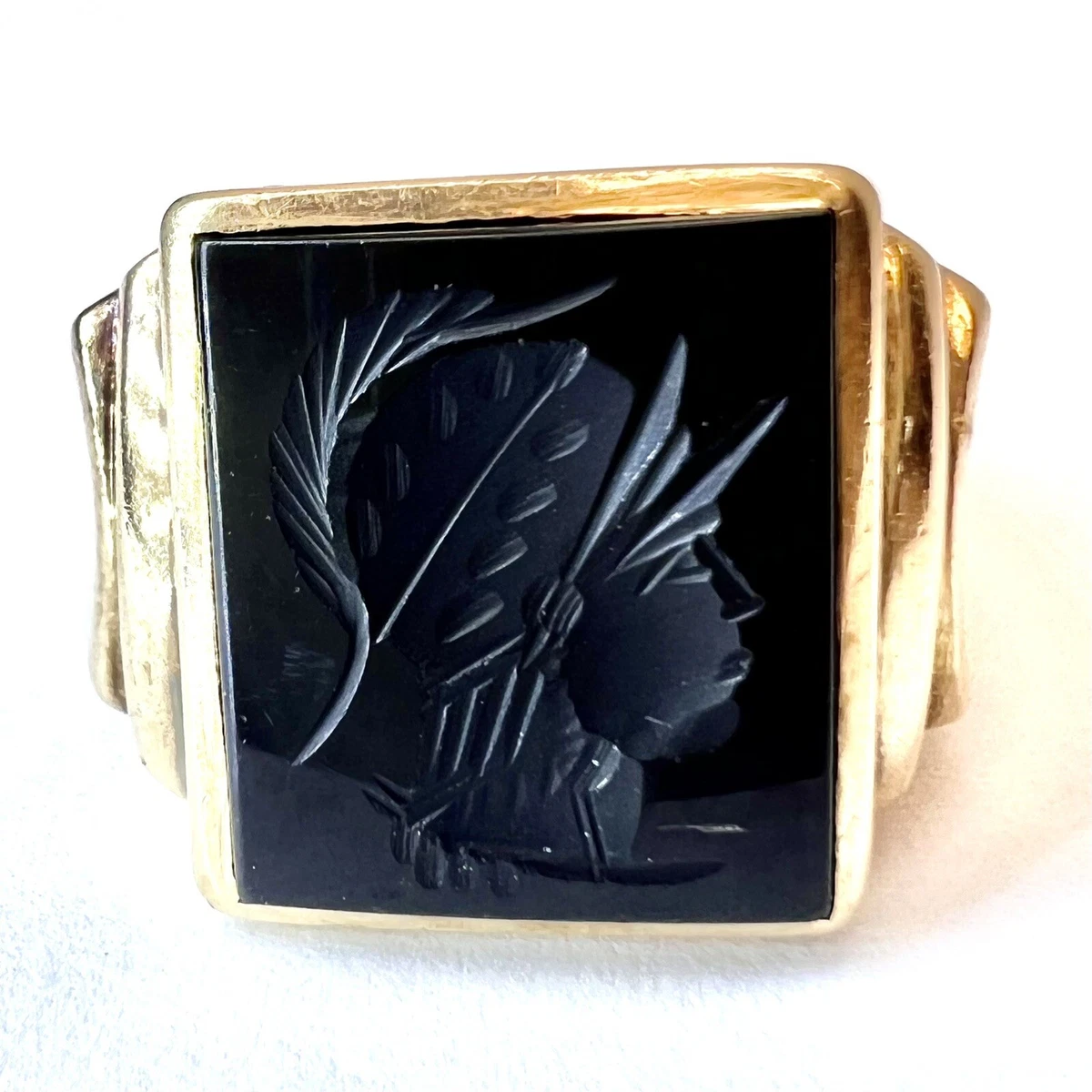 10K Solid Yellow Gold Mens Carved Hematite Roman Soldier Intaglio Cameo Ring