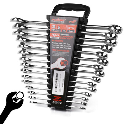 15PC Combination Spanner Wrench Ring Open Ended 8-22mm Metric 12 Point ''V'' Notch