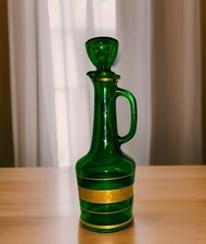 Vintage Green And Gold Italian Decanter And 5 Glasses Stunning 