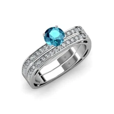 London Blue Topaz and Diamond Euro Shank Engagement Ring & Wedding Band 14K Gold