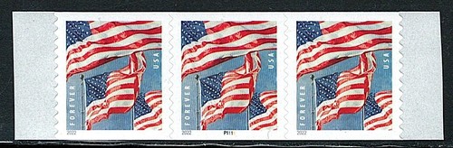 Mint US Strip of 3 Coil Flag Stamp With Plate# P111, Scott# 5656 (MNH)