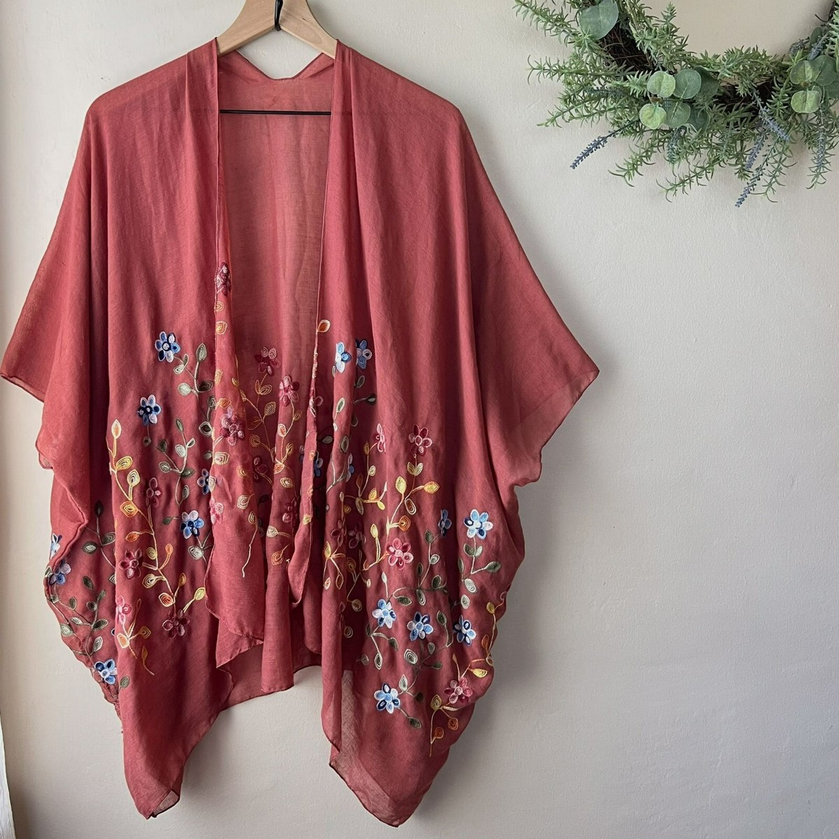 Women's Embroidered Open Front Duster Kimono Rose Pink Floral - Main Image