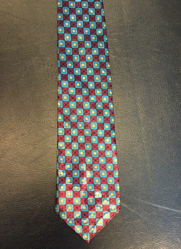Cravatta vintage Henry & Co. blu nera rossa gialla a quadri geometrica USA anni 90 - Foto 4 di 7