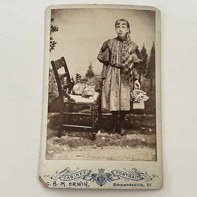 Antique Cabinet Card Photograph Girl Long Hair  Odd Cat Basket Edwardsville IL