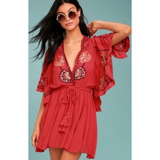 Free People Red Cora Dress Embroidered Split Sleeve Mini Fairy Festival Boho XS