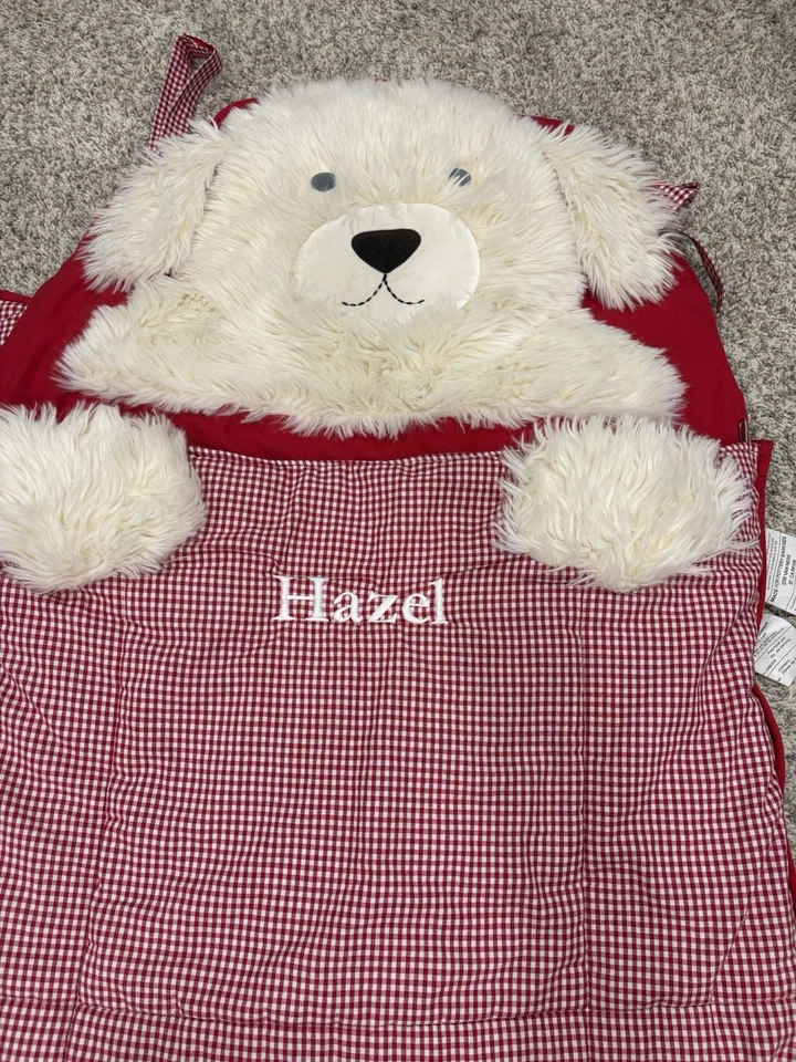 SACO DE DORMIR CACHORRO Pottery Barn Kids Shaggy Dog rojo guinga “HAZEL” monograma Foto 2 de 4