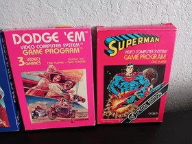 Atari 2600 Games: Winter Games, Space Invaders, Dodge 'Em, Superman. CIB Tested