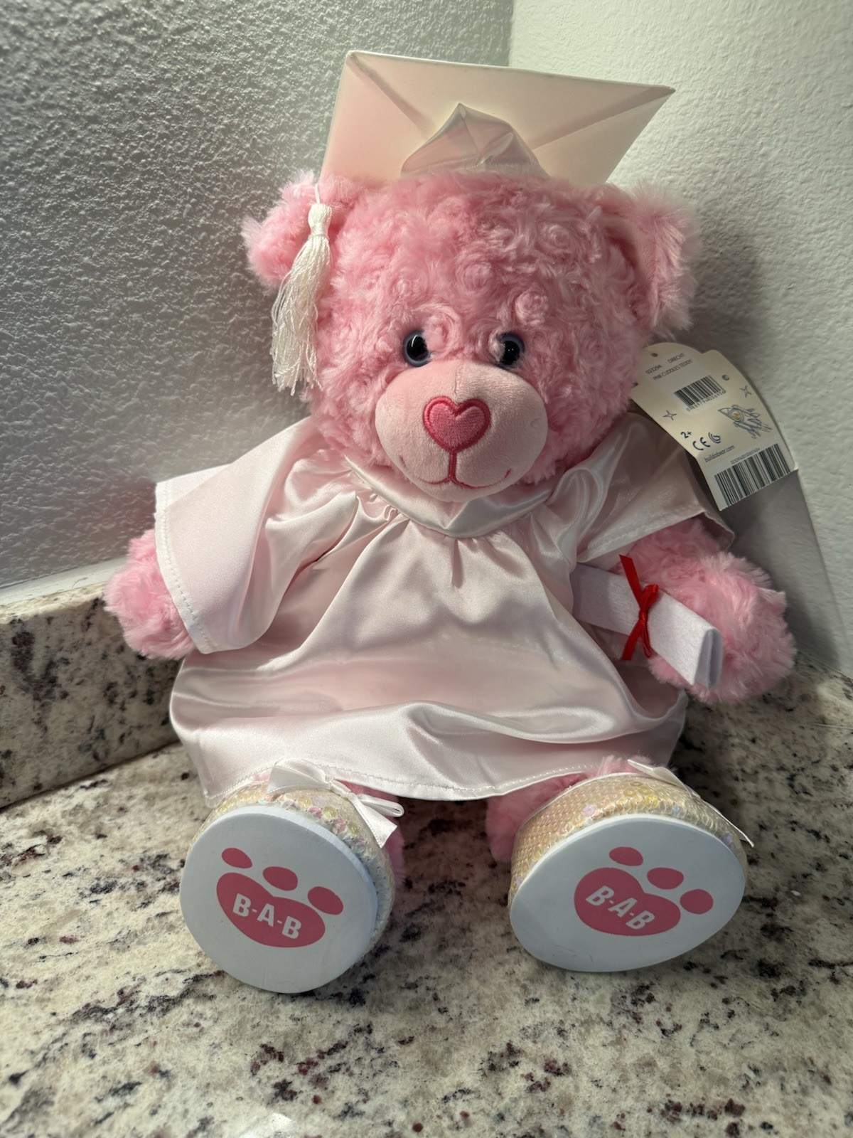 Build A Bear Pink Cuddles Teddy Bear Plush Heart Nose With Graduation Outfit NWT