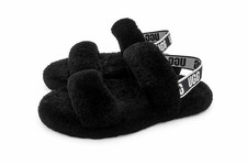 UGG Oh Yeah Girls Big Kids Black Sheepskin Slingback Slide Sandals w LOGO Size 5