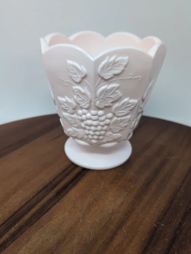 VTG Napco Ceramics Pink Milk Glass Vase Grapevine Design Footed
