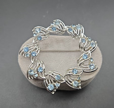 Vintage Rhinestone Silver Tone Brooch Wreath with Blue Rhinestones