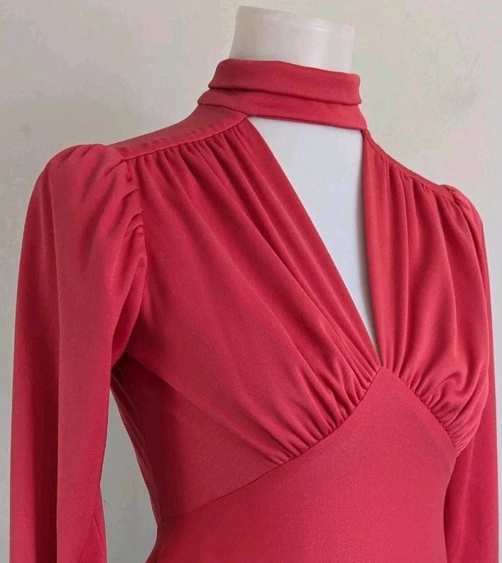 Винтажный 70-х диско душа поезд Джерси вязаный макси платье коралл красный замочная скважина шеи 4 6 США - Изображение 4 из 4