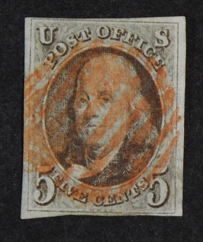 CKStamps: US Stamps Collection Scott#1 5c Franklin Used Tiny Thin CV$375