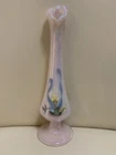 Fenton Pink Iridescent Swung Floral Design Signed Footed Bud Vase