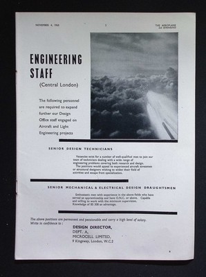 Original 1950 Reklame Microcell Limited Engineering Staff Flugzeug Design