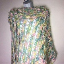 Cottagecore Hand Knitted Pastel Baby Blanket 50"x50" Poms Open Weave