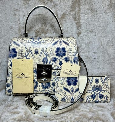 Patricia Nash Chauny Italian Folklore White Leather Satchel Bag /Card Wallet NWT