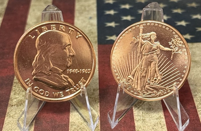 LOT of 2-"BEN FRANKLIN HALF & St. GAUDINS"-1 oz each .999 Copper Round