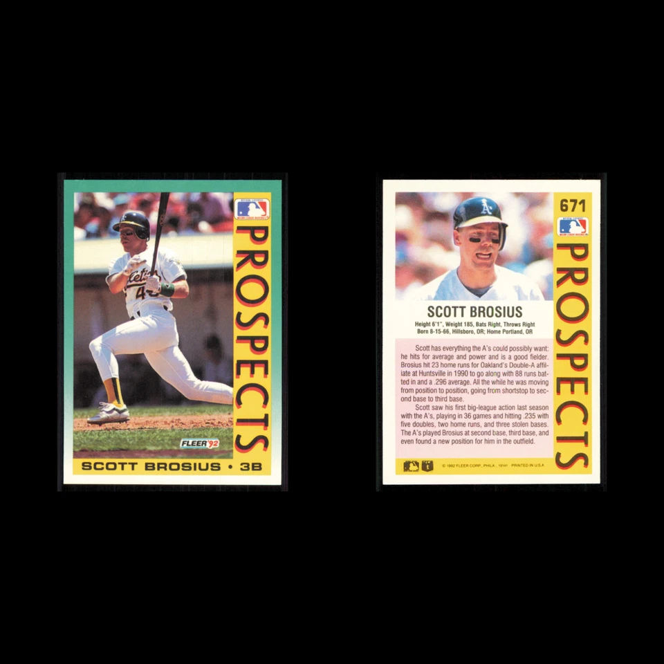 Tarjeta de béisbol Scott Brosius Rookie #671 1992 Fleer Oakland Athletics MLB casi nueva Foto 3 de 3