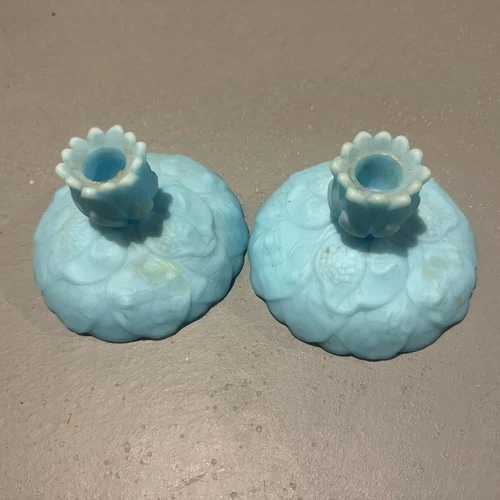 Vintage Fenton Blue Satin Glass Water Lily Frosted Candle Holders Set of 2